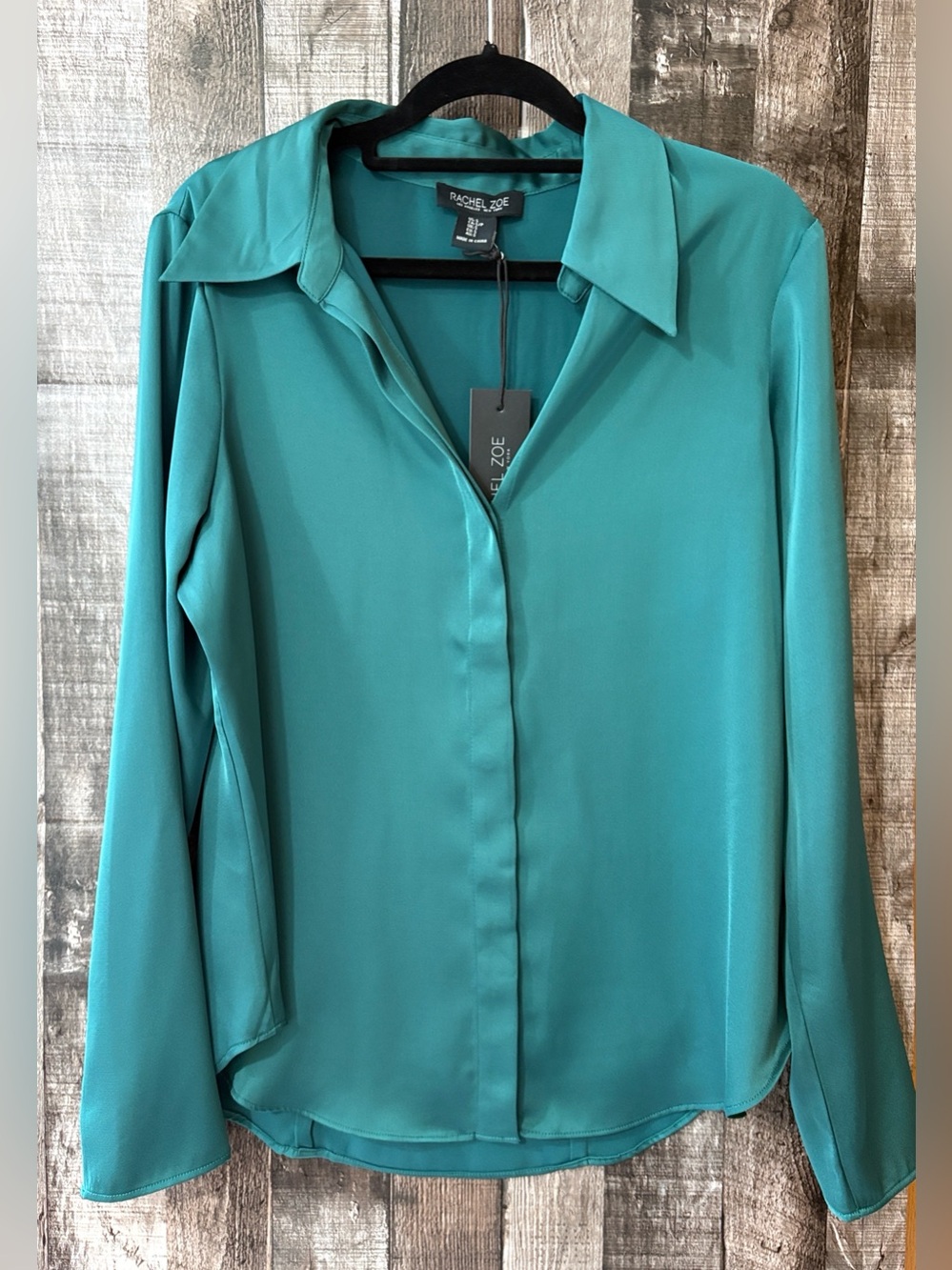 Rachel Zoe Teal Green Satin Button-Down Blouse-S